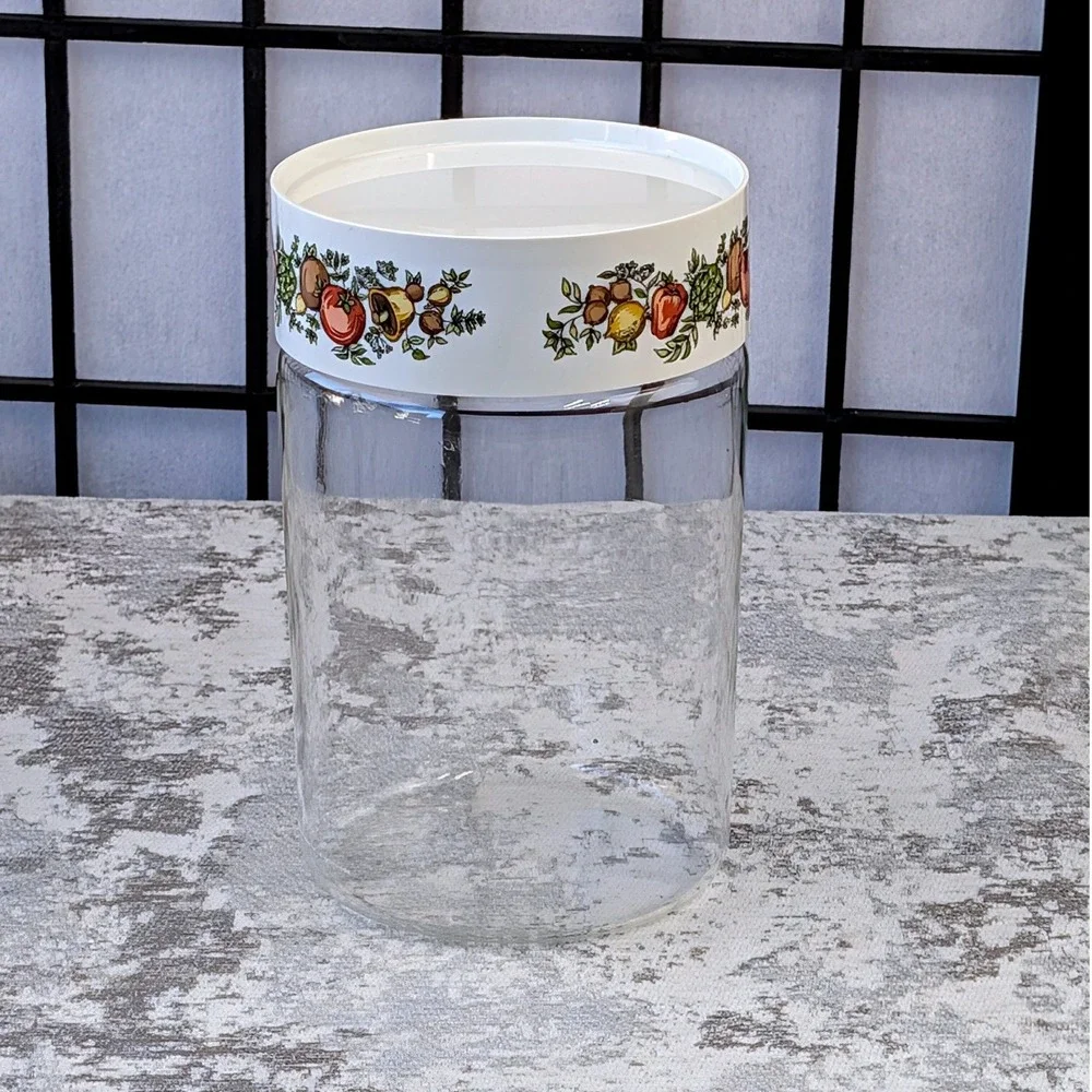 Vintage Pyrex Ware Glass Canister Jar Kitchen Storage Fruit Floral Lid White